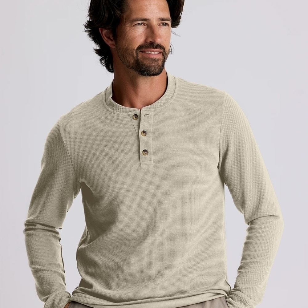 Free Fly Apparel Men's Long Sleeve Waffle Henley - Light Tan